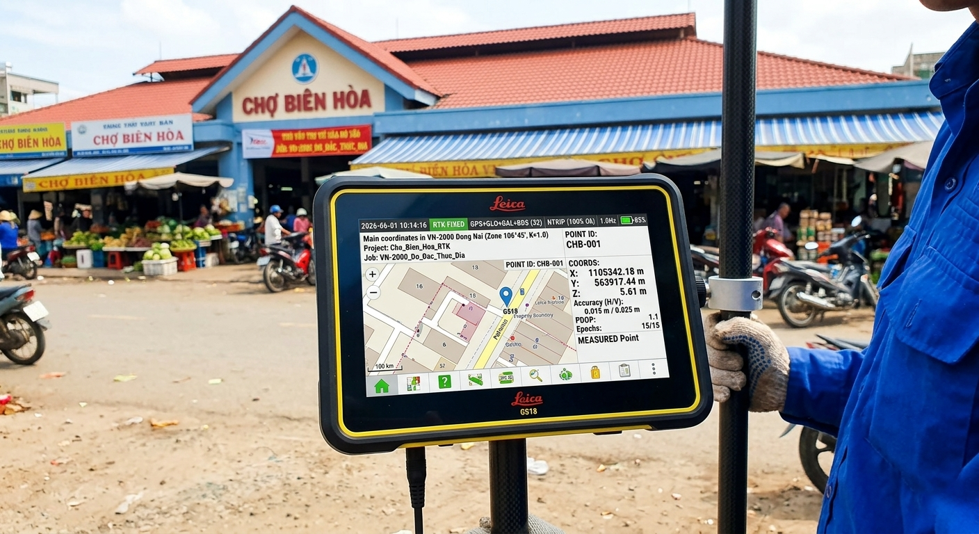 Màn hình bộ thu GNSS RTK Leica GS18 đang hiển thị tọa độ VN-2000 thực đo tại thực địa khu vực chợ Biên Hòa, Đồng Nai