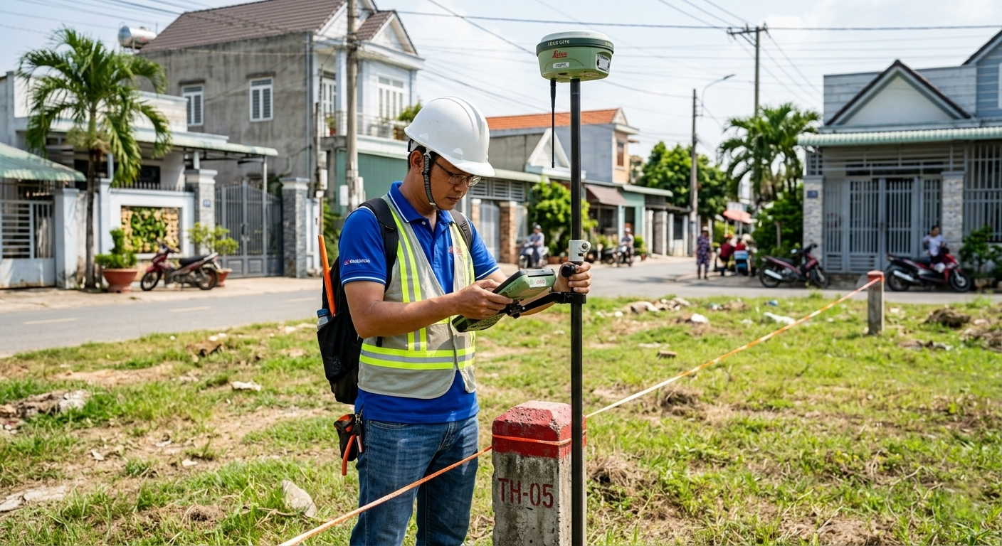 Kỹ sư trắc địa cầm máy định vị vệ tinh GNSS RTK Leica GS18 đang đo kiểm tra ranh mốc thửa đất ngay tại khu dân cư phường Tân Hiệp, thành phố Biên Hòa, Đồng Nai – nền đất nhìn thấy rõ cọc mốc bê tông và dây ranh giới thửa