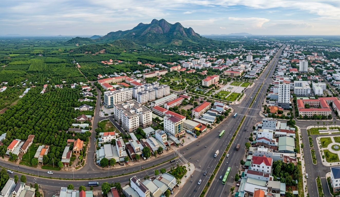 Toàn cảnh khu vực thị trấn Xuân Lộc nhìn từ trên cao năm 2026 với các công trình đô thị hóa mới, đường nội thị được mở rộng, tương phản với vườn cây lâu năm còn lại ở vùng ven