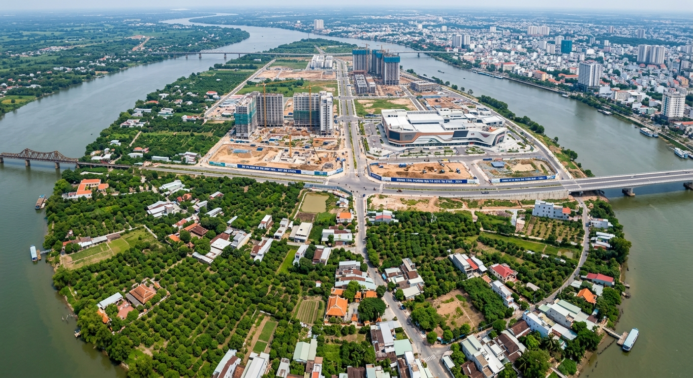 Toàn cảnh aerial drone chụp khu vực Cù Lao Phố – phường Hiệp Hòa, thành phố Biên Hòa, Đồng Nai, cho thấy các khu đất vườn cây ăn trái xen lẫn công trình đô thị hóa mới đang xây dựng năm 2026