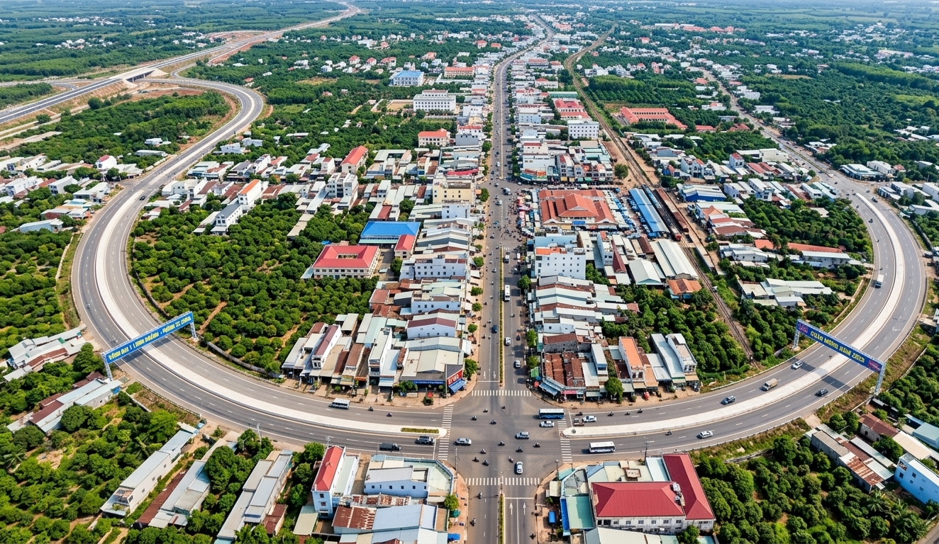 Toàn cảnh khu vực trung tâm thành phố Long Khánh nhìn từ trên cao, thể hiện mật độ đô thị dọc Quốc lộ 1 và các phường Xuân An, Xuân Bình, Xuân Trung năm 2026