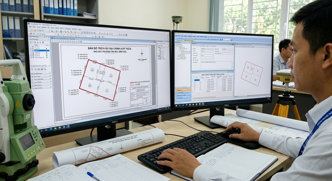 Màn hình phần mềm FAMIS và MicroStation đang xử lý số liệu trích đo địa chính hợp thửa tại khu đất phường Tân Mai Biên Hòa – thể hiện bản đồ tổng hợp ranh giới các thửa thành phần được chuẩn hóa về hệ VN-2000