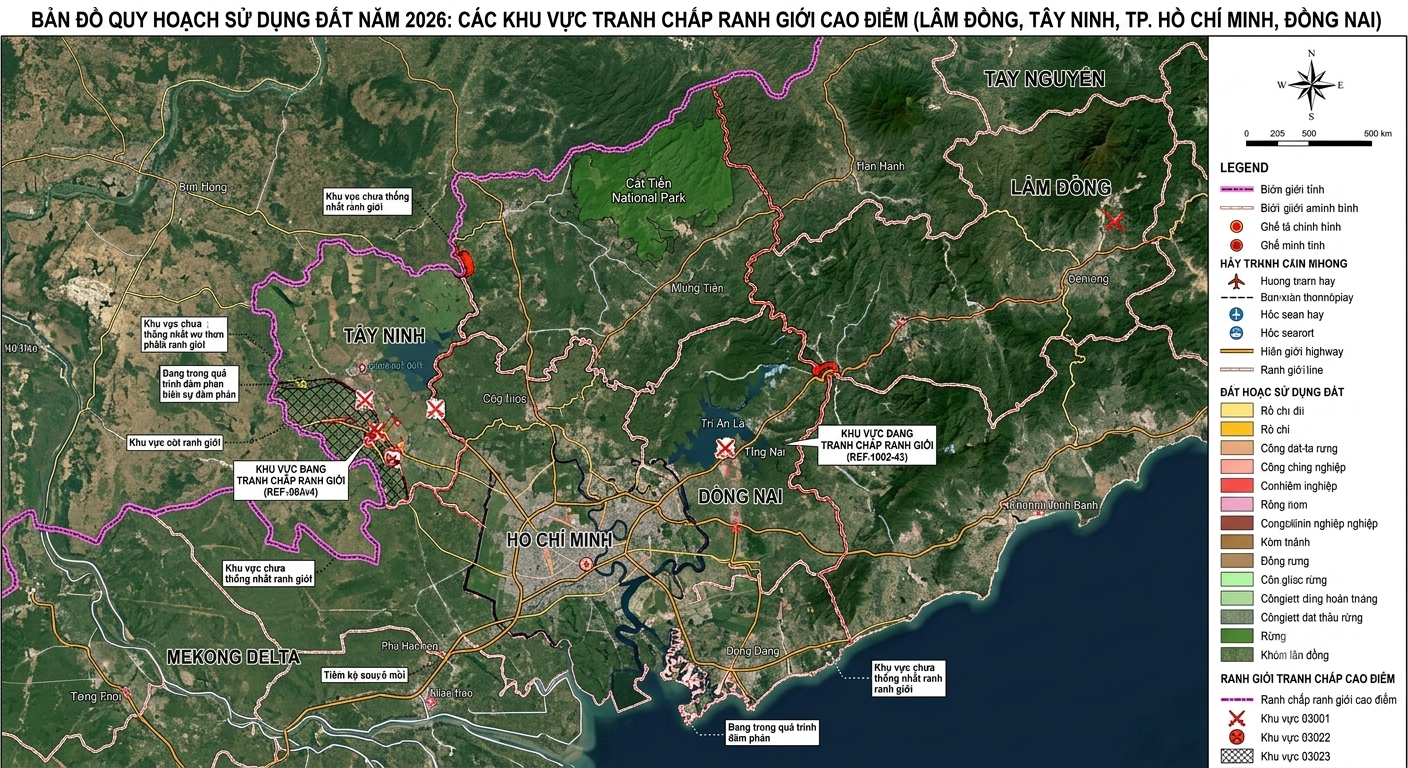 Bản đồ quy hoạch sử dụng đất năm 2026 có đánh dấu các khu vực tranh chấp ranh giới cao điểm tại Lâm Đồng, Tây Ninh, Hồ Chí Minh, Đồng Nai