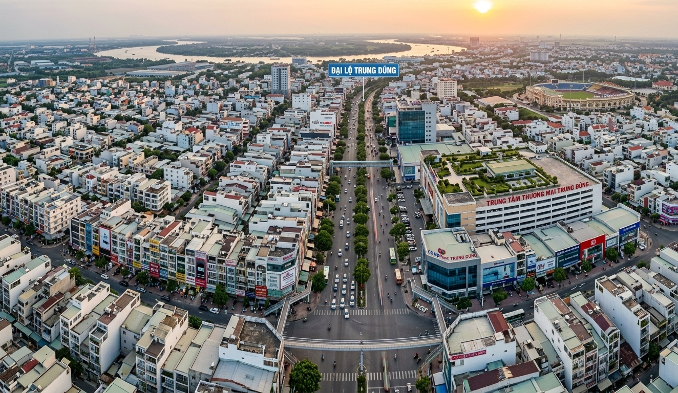 Toàn cảnh trục đường trung tâm phường Trung Dũng, thành phố Biên Hòa, Đồng Nai nhìn từ trên cao, với các lô đất thương mại và nhà phố mặt tiền dày đặc