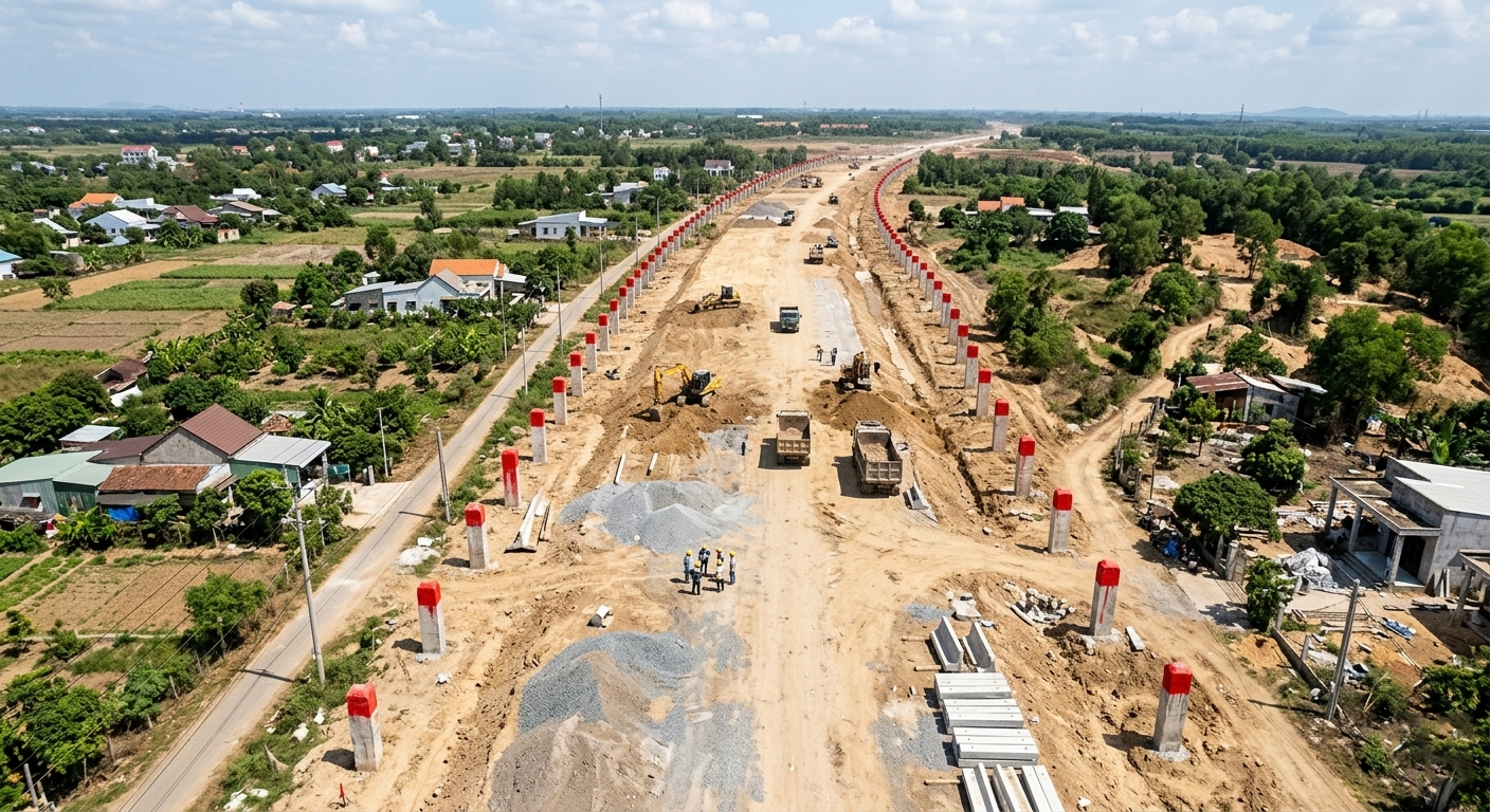 Hình ảnh thực địa chụp từ trên cao (drone) cho thấy ranh giới hành lang đường cao tốc Biên Hòa – Vũng Tàu đoạn qua huyện Long Thành, Đồng Nai, với các cọc mốc giải phóng mặt bằng được đánh dấu sơn đỏ