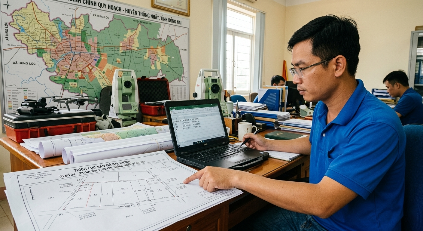 Kỹ sư đo đạc địa chính đang vẽ ranh giới tách thửa đất ở trên bản đồ địa chính số tại văn phòng làm việc, chuẩn bị hồ sơ tách thửa nộp cho Văn phòng Đăng ký Đất đai TP. Biên Hòa, Đồng Nai