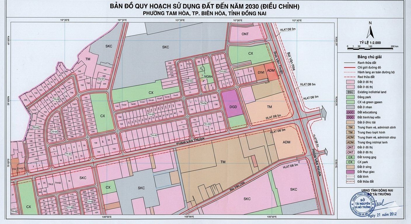 Bản đồ quy hoạch sử dụng đất phường Tam Hòa Biên Hòa Đồng Nai thể hiện các ký hiệu chỉ giới đường đỏ, hành lang an toàn đường bộ và ranh thửa đất in màu sắc theo quy chuẩn bản đồ địa chính Việt Nam