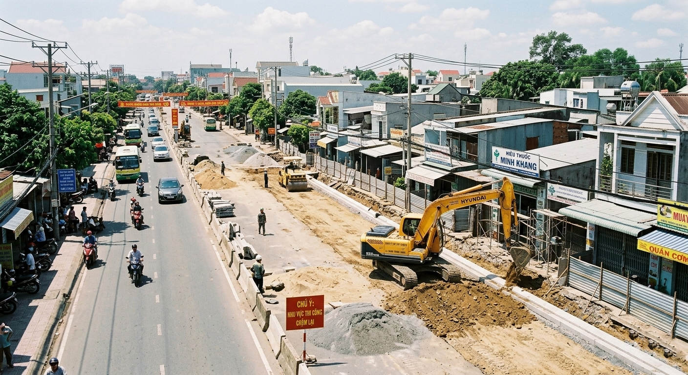 Toàn cảnh trục đường nội đô tại Phường Thống Nhất, thành phố Biên Hòa, Đồng Nai đang được mở rộng mặt đường năm 2026, xe máy công trình đang hoạt động sát ranh đất dân cư