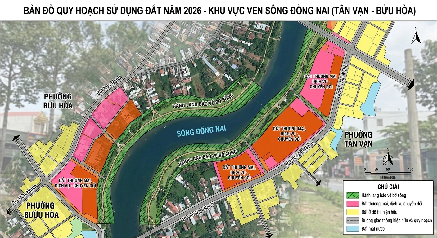 Bản đồ quy hoạch sử dụng đất khu vực ven sông Đồng Nai đoạn phường Tân Vạn – Bửu Hòa năm 2026 thể hiện vùng chuyển đổi sang đất thương mại dịch vụ và hành lang bảo vệ bờ sông
