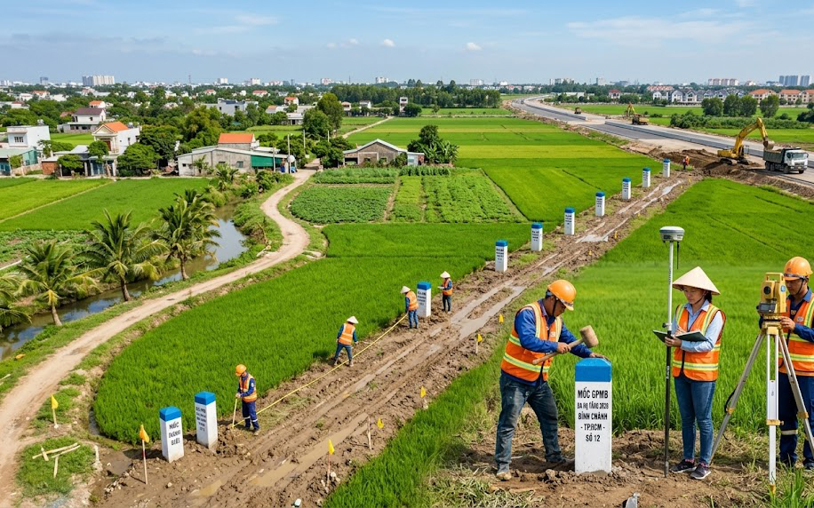 Toàn cảnh khu vực đất nông nghiệp ven đô tại huyện Bình Chánh TP.HCM đang được cắm mốc ranh giới phục vụ công tác đo đạc kiểm đếm giải phóng mặt bằng dự án hạ tầng năm 2026