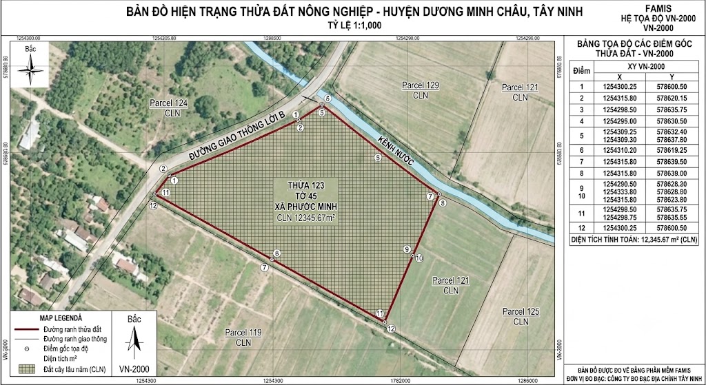 Bản đồ hiện trạng thửa đất nông nghiệp tại huyện Dương Minh Châu Tây Ninh được đo vẽ bằng phần mềm FAMIS thể hiện đường ranh, diện tích tính toán và tọa độ các điểm góc theo hệ VN-2000