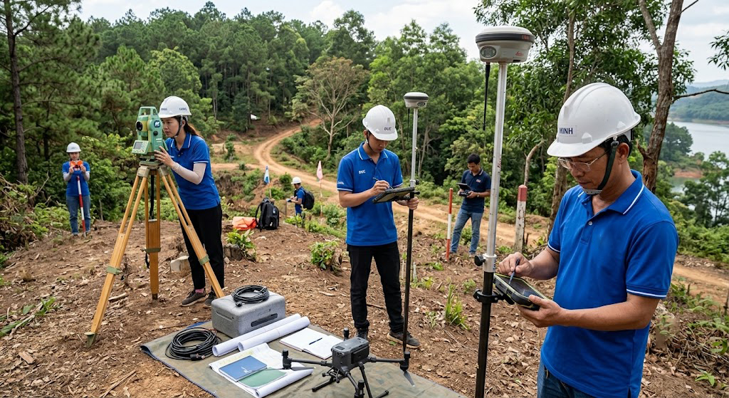 Đội ngũ kỹ sư trắc địa Đo Đạc Đồng Nai đang thực hiện đo vẽ bản đồ địa hình bằng máy GPS RTK và máy toàn đạc điện tử tại khu vực đồi rừng huyện Trảng Bom Đồng Nai