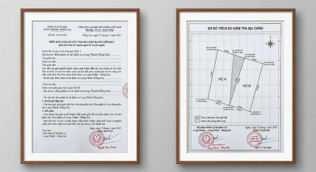 Biên bản giải quyết tranh chấp ranh giới đất giữa hai hộ liền kề tại khu phân lô tái định cư Long Thành Đồng Nai, kèm sơ đồ trích đo kiểm tra của đơn vị đo đạc địa chính