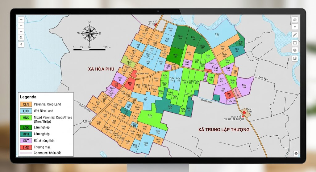 Bản đồ địa chính số hóa thể hiện các thửa đất nông nghiệp hỗn hợp tại xã Hòa Phú và Trung Lập Thượng huyện Củ Chi TP.HCM với ký hiệu màu phân loại mục đích sử dụng đất