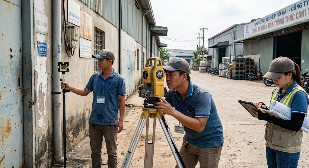 Đội kỹ sư trắc địa Đo Đạc Đồng Nai đang thực hiện đo đạc chi tiết tường rào nhà xưởng bằng máy toàn đạc điện tử Topcon tại khu vực Hố Nai Biên Hòa Đồng Nai