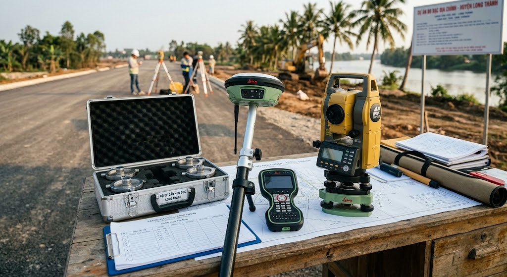 Bộ thiết bị đo đạc chuyên nghiệp gồm máy thu GNSS RTK Leica GS18 T, máy toàn đạc điện tử Topcon ES-105 và bộ đế cân máy đang được chuẩn bị tại công trường đo đạc địa chính tại Long Thành, Đồng Nai