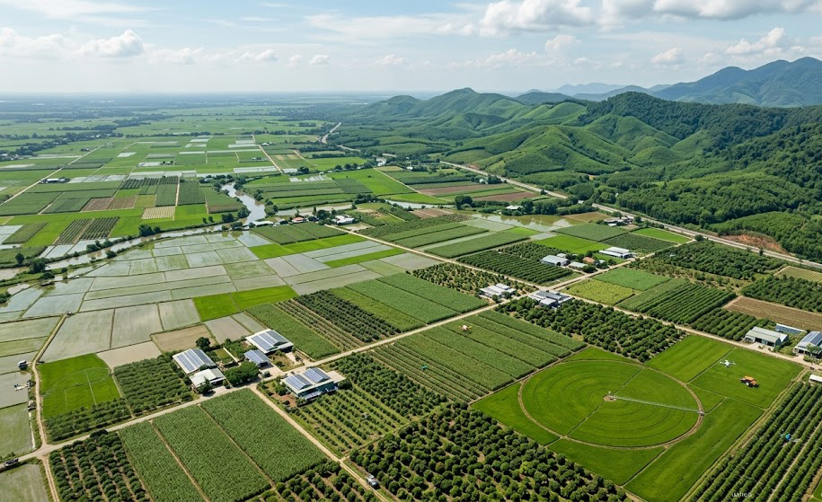 Toàn cảnh khu đất nông nghiệp diện tích lớn tại xã Phước Bình, huyện Long Thành, Đồng Nai – tiếp giáp vùng đồi và rừng phòng hộ phía giáp ranh Bà Rịa – Vũng Tàu, chụp từ góc cao bằng flycam năm 2026