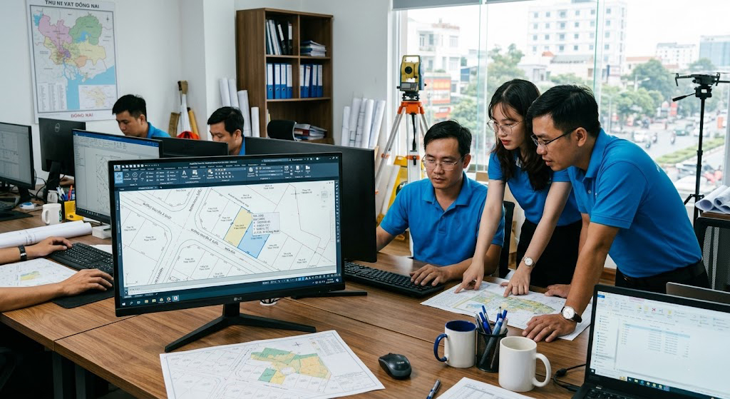 Đội kỹ sư Đo Đạc Đồng Nai đang làm việc trong văn phòng, xử lý bản đồ địa chính trên phần mềm AutoCAD Civil 3D, màn hình hiển thị tọa độ thửa đất khu vực Biên Hòa