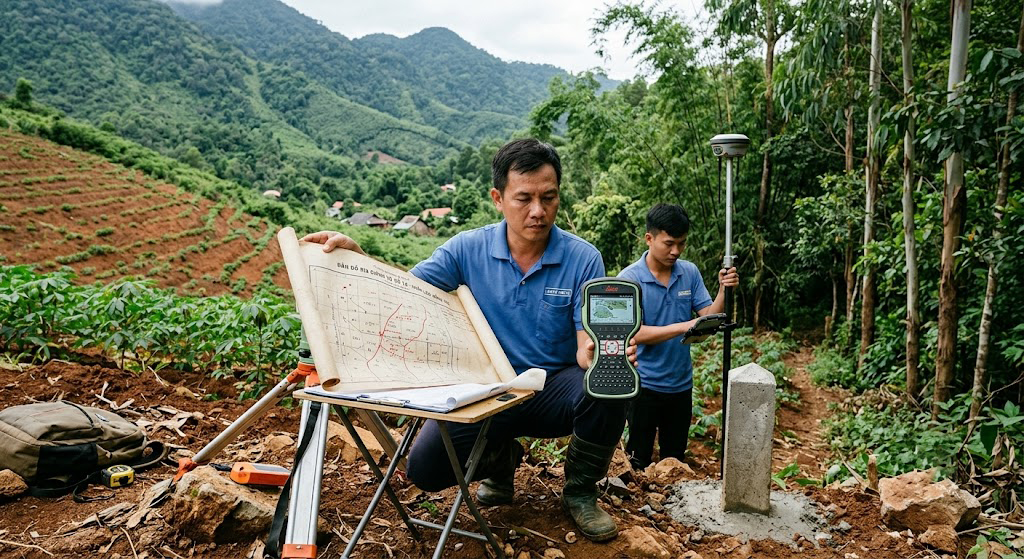 Cán bộ địa chính xã đang đối chiếu bản đồ địa chính giấy tờ cũ với thực địa tại khu vực giáp ranh đất rẫy và rừng phòng hộ tại Xuân Lộc, Đồng Nai