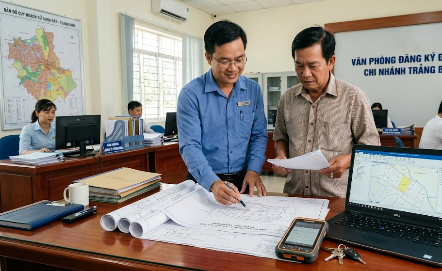 Cán bộ kỹ thuật đo đạc và chủ đất cùng xem xét bản vẽ tách thửa trước khi nộp hồ sơ tại Văn phòng đăng ký đất đai huyện Trảng Bom Đồng Nai, trên bàn có máy tính xách tay hiển thị phần mềm bản đồ địa chính số