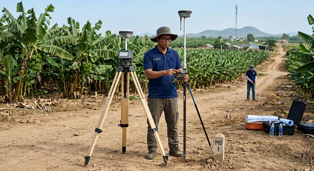Kỹ sư trắc địa vận hành máy GNSS RTK Leica GS18T trên giá ba chân đo tọa độ điểm góc thửa đất nông nghiệp trồng chuối tại xã Thanh Bình huyện Trảng Bom Đồng Nai, kết nối trực tiếp với trạm CORS qua sóng 4G