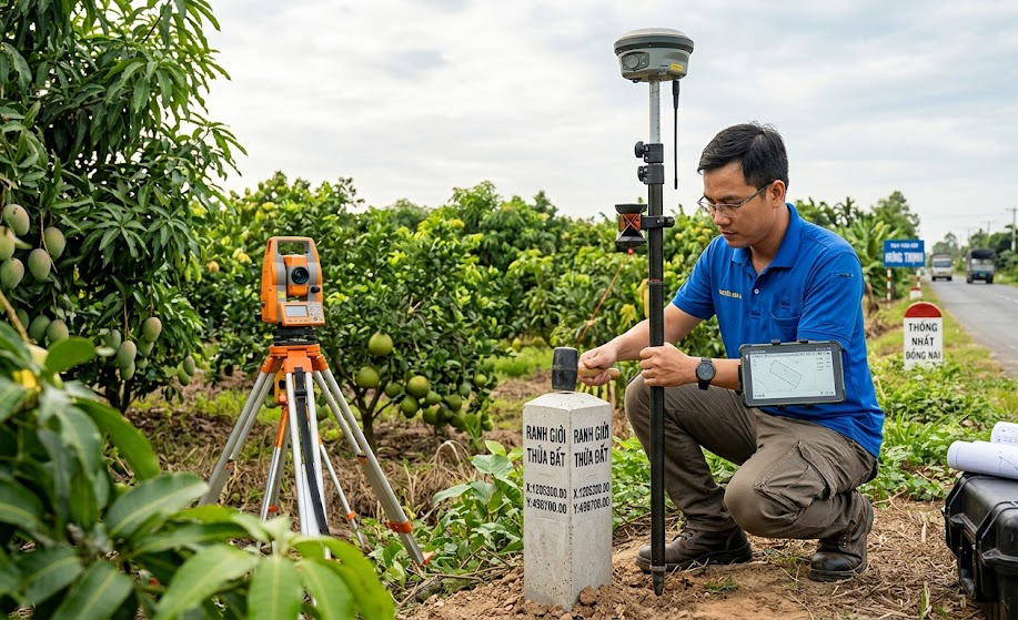 Kỹ sư trắc địa sử dụng máy GNSS RTK hai tần số đang cắm mốc ranh giới tọa độ mặt bằng tại thửa đất nông nghiệp trồng cây lâu năm ven tuyến đường liên huyện Hưng Thịnh, huyện Thống Nhất, Đồng Nai