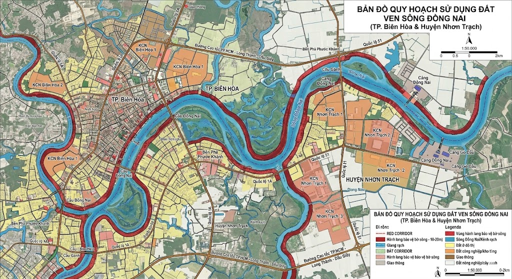 Bản đồ quy hoạch sử dụng đất ven sông Đồng Nai đoạn qua TP. Biên Hòa và huyện Nhơn Trạch thể hiện vùng hành lang bảo vệ bờ sông được tô màu đỏ