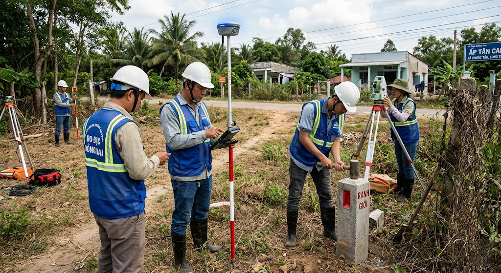 Đội kỹ sư trắc địa của Đo Đạc Đồng Nai đang cắm mốc ranh giới và đo đạc thực địa tại một khu đất có tranh chấp ranh giới ở huyện Long Thành, Đồng Nai bằng máy GPS RTK và máy toàn đạc điện tử