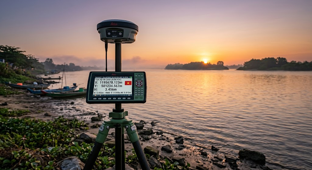  Máy thu tín hiệu vệ tinh GPS RTK 2 tần số Leica GS18 T đặt trên chân máy cạnh mép sông Đồng Nai tại đảo Đại Phước trong buổi sáng sớm, màn hình controller hiển thị tín hiệu vệ tinh và số liệu tọa độ VN-2000
