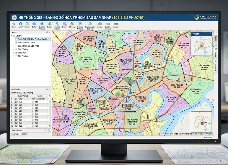Bản đồ số hóa ranh giới 102 siêu phường mới của TP.HCM sau sáp nhập năm 2025-2026, hiển thị trên phần mềm GIS với các lớp dữ liệu địa chính chồng lấp
