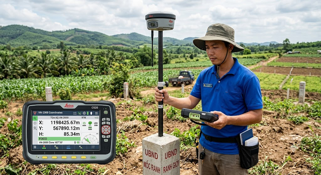 Kỹ sư trắc địa sử dụng máy GNSS RTK Leica GS18 T đặt trên mốc ranh giới đất nông nghiệp tại vùng đồi huyện Trảng Bom Đồng Nai, màn hình controller hiển thị tọa độ VN-2000 thời gian thực