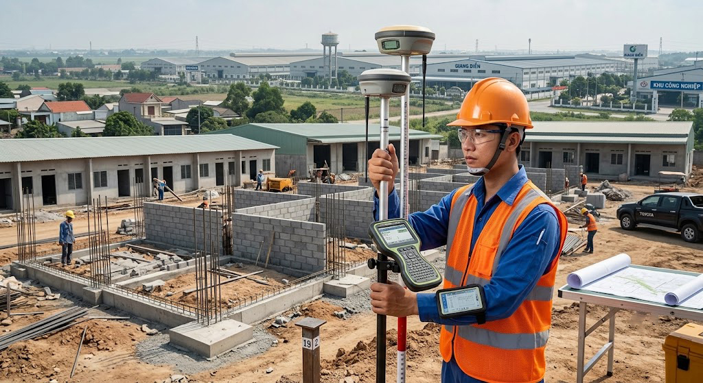 Kỹ sư trắc địa sử dụng máy GPS RTK GNSS 2 tần số đang xác định tọa độ góc công trình nhà trọ công nhân tại xã An Viễn huyện Trảng Bom gần khu công nghiệp Giang Điền