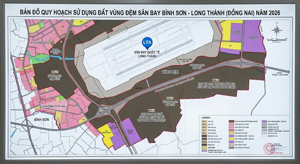 Bản đồ quy hoạch vùng đệm Sân bay Bình Sơn – Long Thành Đồng Nai năm 2026 với các ô đất nông nghiệp bị khoanh vùng hạn chế chuyển mục đích sử dụng