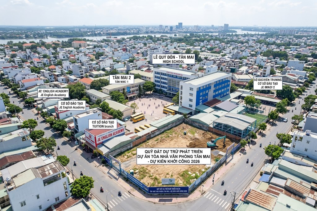 Toàn cảnh khu vực trung tâm giáo dục Tân Mai, phường Tân Mai, thành phố Biên Hòa, Đồng Nai – nơi tập trung nhiều trường học, cơ sở đào tạo và quỹ đất đang được tích lũy để xây tòa nhà văn phòng năm 2026