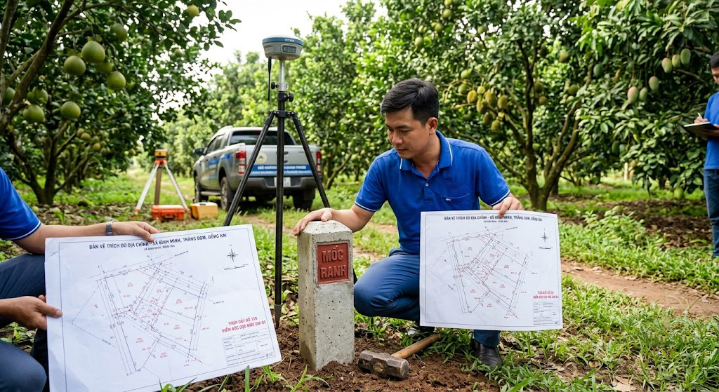 Kỹ sư Đo Đạc Đồng Nai đang đặt cọc mốc ranh bê tông tại điểm góc thửa đất vườn cây ăn trái tại xã Bình Minh huyện Trảng Bom, tay cầm bản vẽ trích đo địa chính