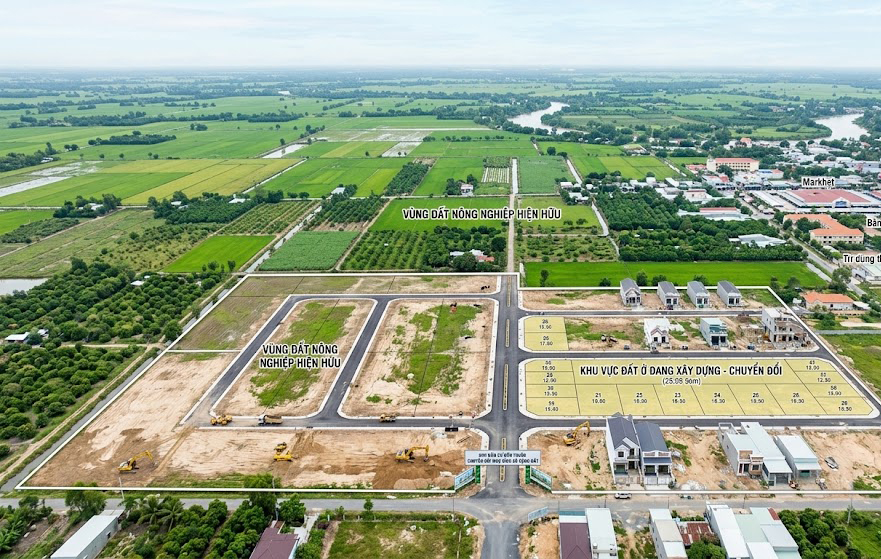 Toàn cảnh khu vực đất nông nghiệp đang chuyển đổi mục đích sử dụng sang đất ở tại xã Đôn Thuận, thị xã Trảng Bàng, Tây Ninh – nhìn từ trên cao bằng thiết bị bay UAV