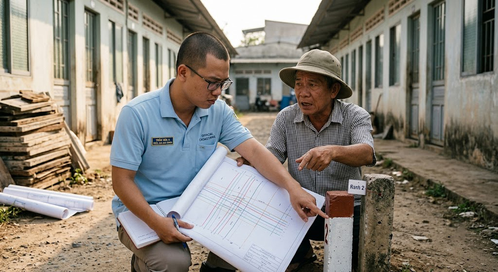 Cán bộ địa chính đang so sánh bản vẽ hoàn công với thực địa tại một dãy nhà trọ công nhân xây dựng gần khu công nghiệp Giang Điền Đồng Nai phát hiện sai lệch ranh giới