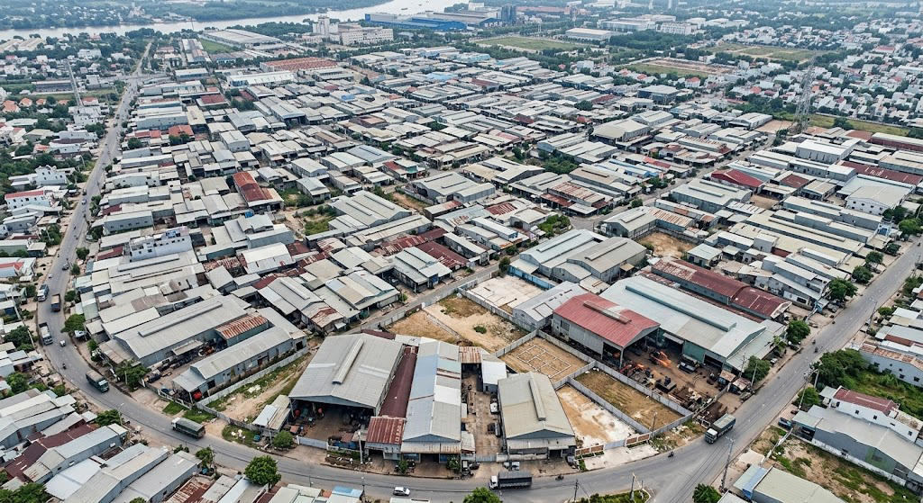 Toàn cảnh khu vực nhà xưởng cơ khí hàn tiện tại phường Hố Nai 3 thành phố Biên Hòa Đồng Nai nhìn từ trên cao, thể hiện mật độ xây dựng dày đặc và các lô đất xen lẫn