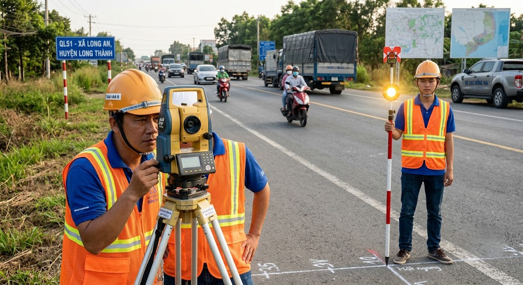 Đội kỹ sư Đo Đạc Đồng Nai gồm 2 người đang thực hiện đo mặt cắt ngang đường tại đoạn QL51 qua xã Long An Long Thành Đồng Nai, một người cầm sào tiêu phản quang, một người ngắm máy toàn đạc điện tử Topcon ES