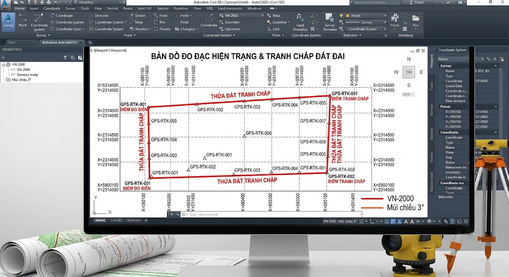 Màn hình phần mềm trắc địa Nova TDN hoặc Civil 3D thể hiện lưới tọa độ VN-2000 với các điểm đo GPS RTK trên thửa đất tranh chấp