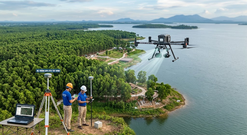 Đội kỹ sư trắc địa Đo Đạc Tây Ninh triển khai hệ thống đo đạc tích hợp GPS RTK và UAV tại khu vực dự án resort sinh thái ven hồ Dầu Tiếng, phối cảnh máy bay không người lái bay khảo sát phía trên rừng tràm và mặt hồ