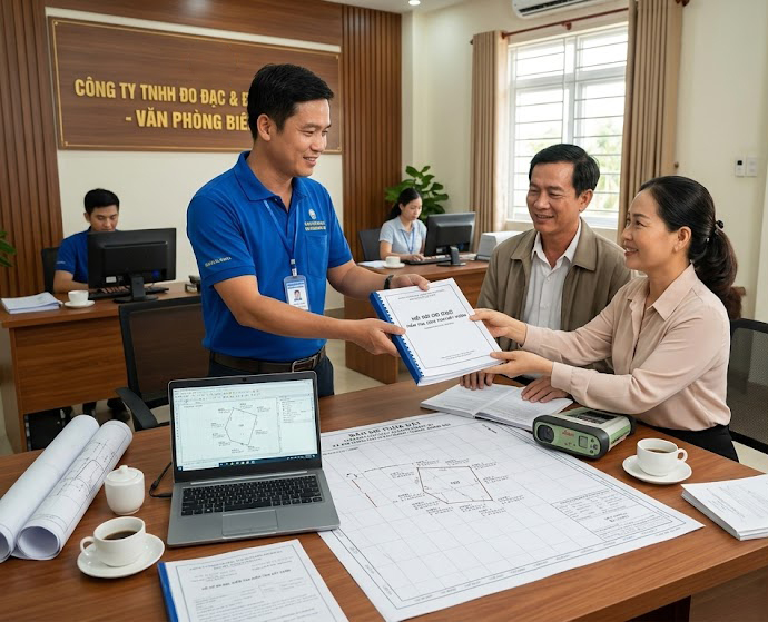 Kỹ sư trắc địa Đo Đạc Đồng Nai bàn giao hồ sơ đo đạc kiểm tra diện tích đất vườn cho khách hàng tại văn phòng – bản đồ thửa đất có tọa độ VN-2000 và dấu xác nhận kỹ thuật rõ ràng