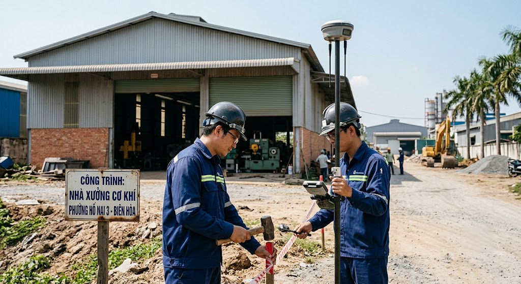 Kỹ sư trắc địa sử dụng máy GNSS RTK hai tần số đang đặt cọc mốc đo tại khu đất nhà xưởng cơ khí phường Hố Nai 3 Biên Hòa Đồng Nai