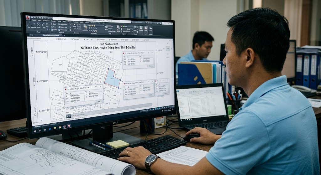 Màn hình phần mềm Famis hiển thị bản đồ địa chính xã Thanh Bình Trảng Bom với lưới tọa độ VN-2000, các thửa đất được số hóa và thể hiện tọa độ góc thửa chính xác đến centimet
