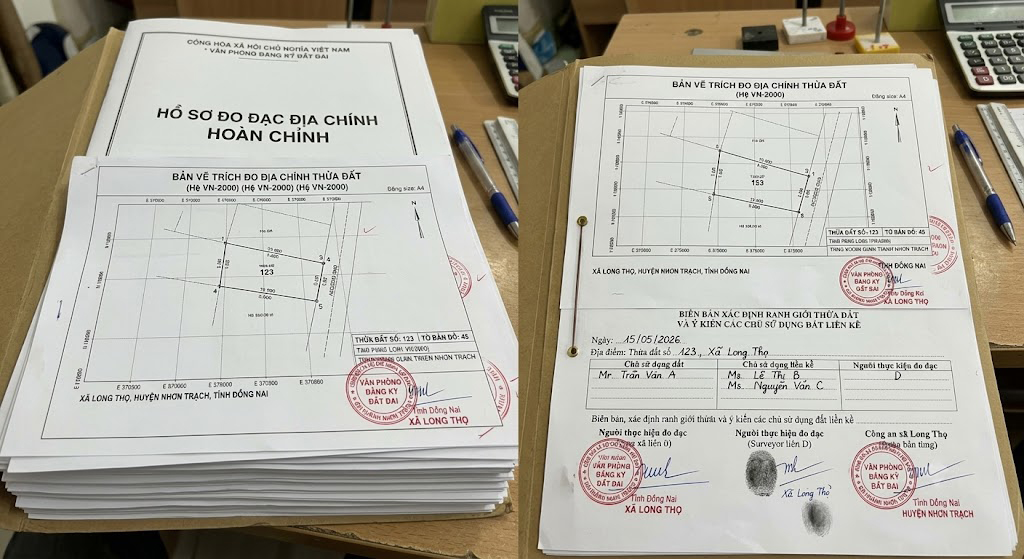 Hồ sơ đo đạc địa chính hoàn chỉnh gồm bản vẽ trích đo thửa đất hệ VN-2000 và biên bản xác định ranh giới thửa đất tại xã Long Thọ Nhơn Trạch được đóng dấu Văn phòng đăng ký đất đai huyện Nhơn Trạch Đồng Nai