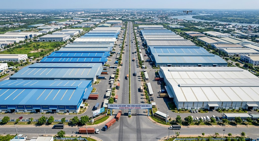 Toàn cảnh khu vực Tổng kho Long Bình nhìn từ trên cao, các dãy nhà xưởng và kho bãi quy mô lớn nằm dọc theo trục đường công nghiệp tại phường Long Bình, TP. Biên Hòa, Đồng Nai