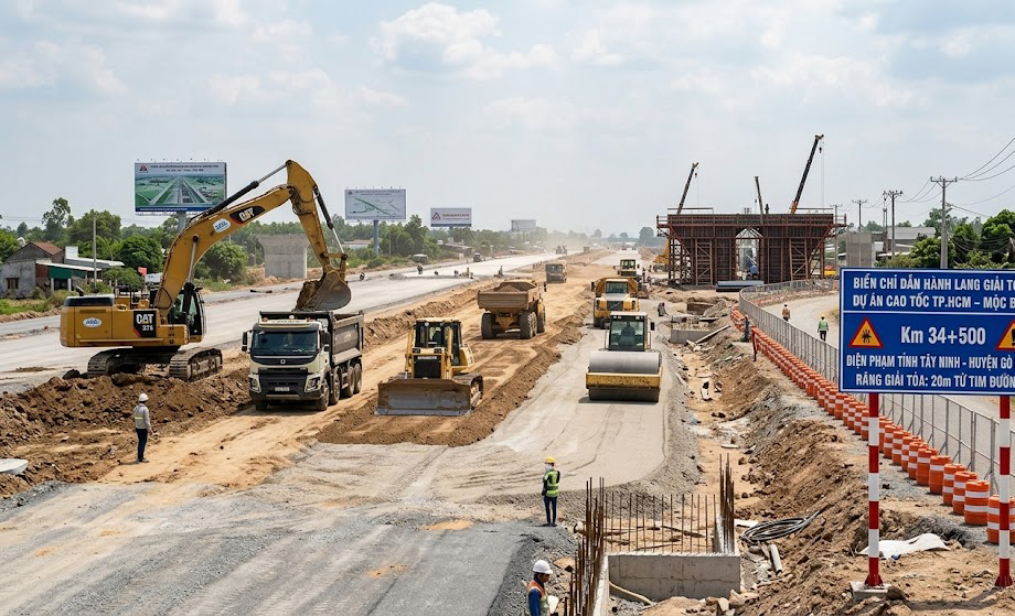 Công trường thi công đường cao tốc TP.HCM – Mộc Bài đoạn qua địa phận tỉnh Tây Ninh năm 2026 với máy móc hạng nặng và biển chỉ dẫn hành lang giải tỏa