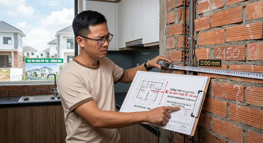 Chủ nhà đang đối chiếu bản vẽ thiết kế với thực tế tường nhà thô bị lệch so với bản vẽ kiến trúc tại dự án khu đô thị tại Đồng Nai, thể hiện rõ sai lệch kích thước
