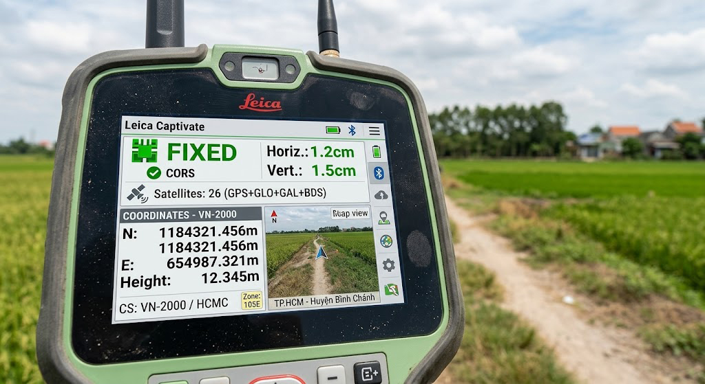Màn hình điều khiển máy GPS RTK Leica GS18 hiển thị tọa độ VN-2000 với trạng thái kết nối CORS 'Fixed' độ chính xác 1.2cm tại thực địa huyện Bình Chánh TP.HCM