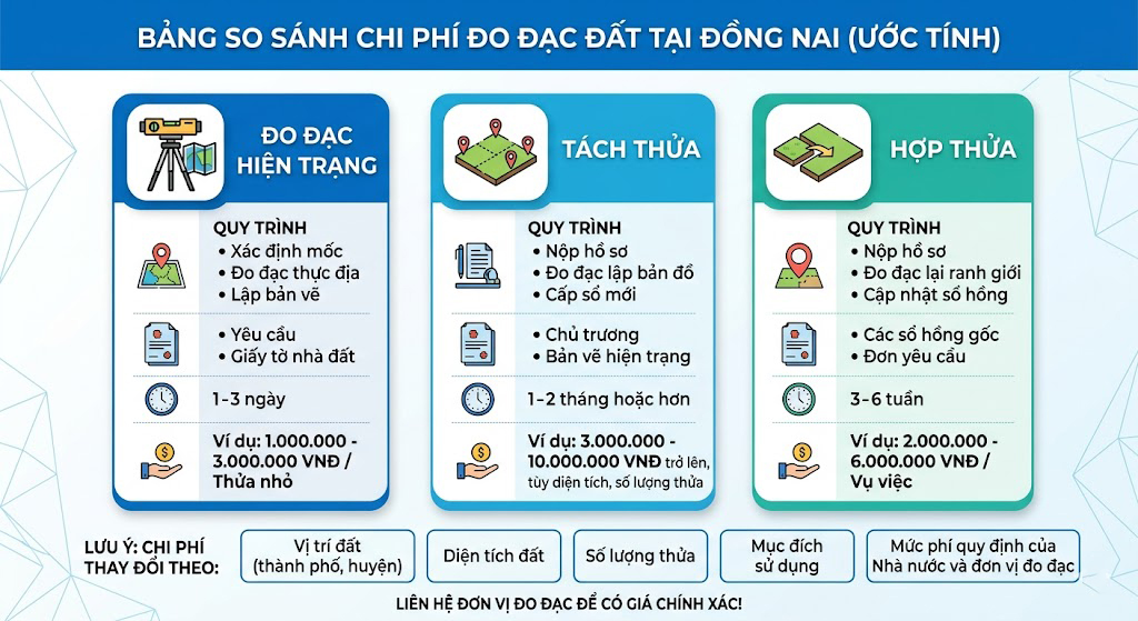 Bảng so sánh chi phí đo đạc đất tại Đồng Nai theo từng loại dịch vụ – đo đạc hiện trạng, tách thửa, hợp thửa – được trình bày dạng infographic rõ ràng trên nền xanh trắng chuyên nghiệp